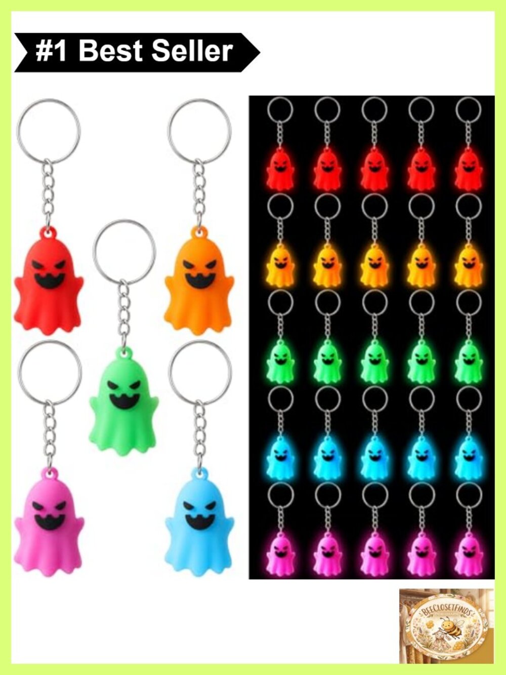 25 Pc Glow in the Dark Mini Ghost Keychains PVC Halloween Party Favors